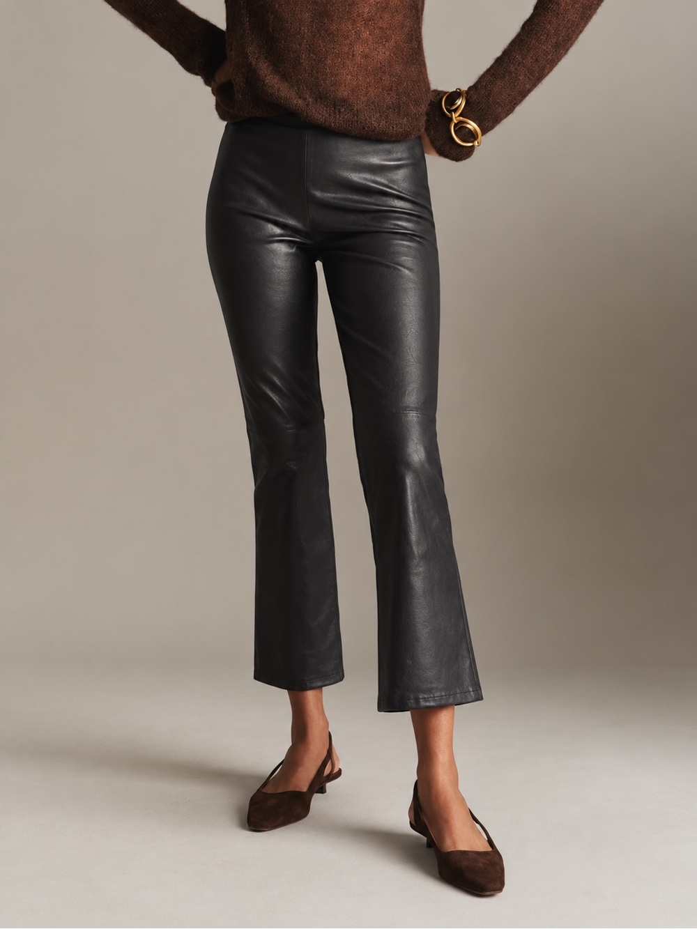 Sézane Ciara Black Lamb Leather Crop Flared Pants